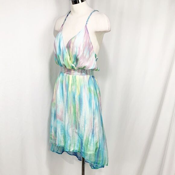 Anthropologie’s Charlie Jade Purple and Turquoise Tie Dye 100% Silk Dress XS - Picture 2 of 13